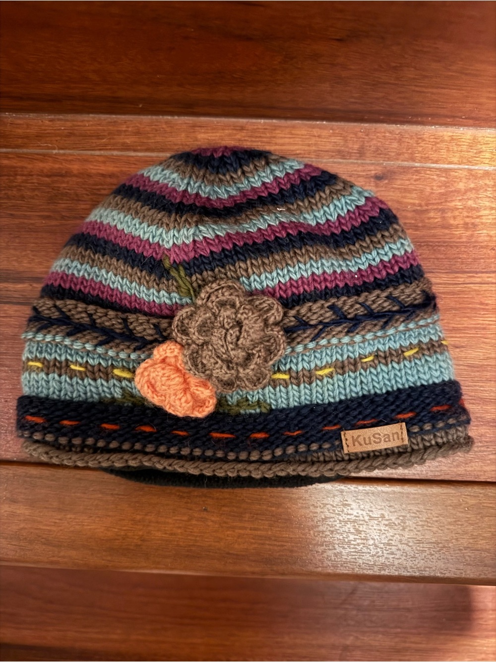 Kusan Knit Striped Beanie with Floral Accent - Blue, Brown & Pink